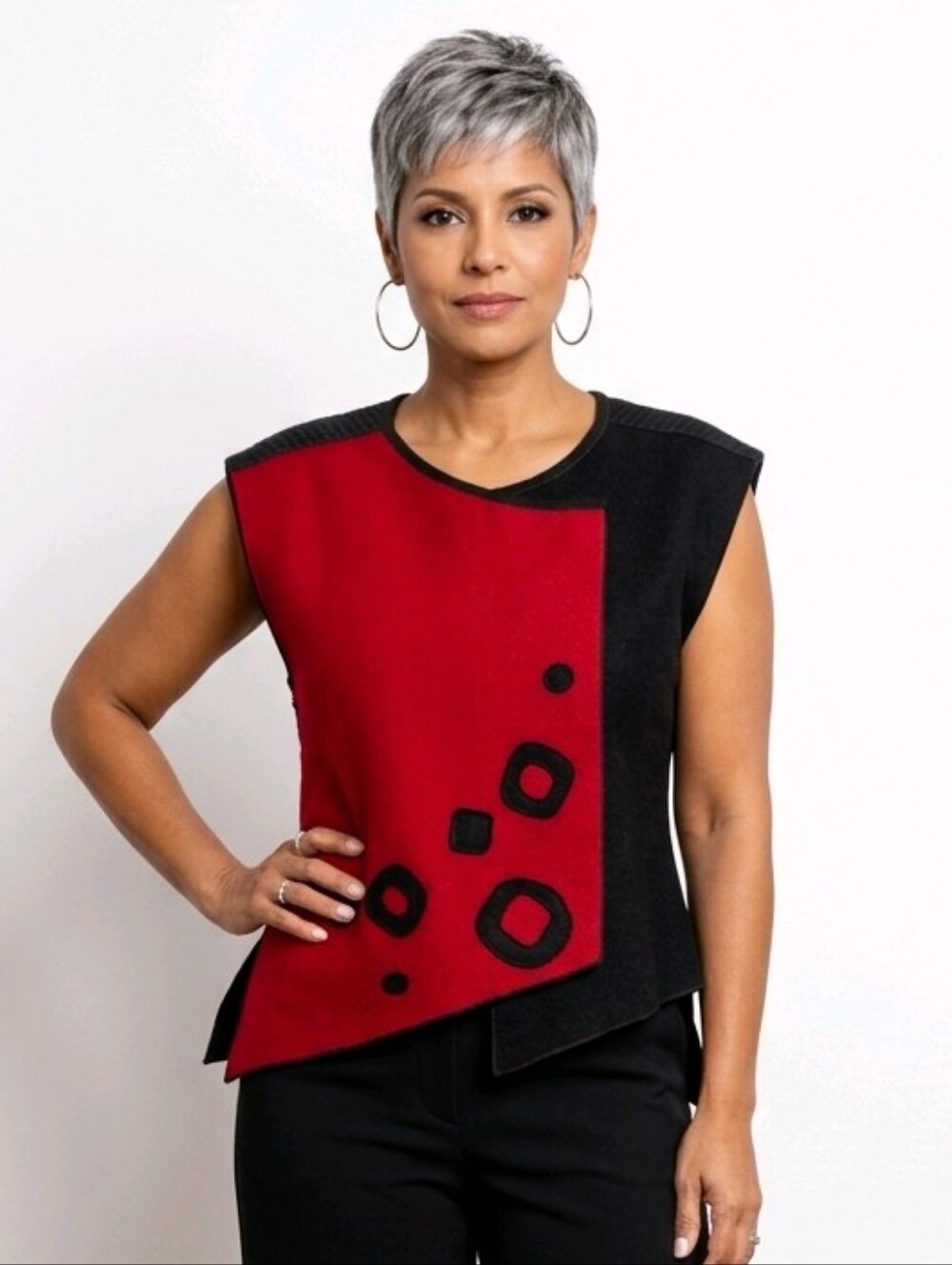 Xiao Art to Wear Asymmetrical Red Black Top Sleeveless Tunic Geometric L